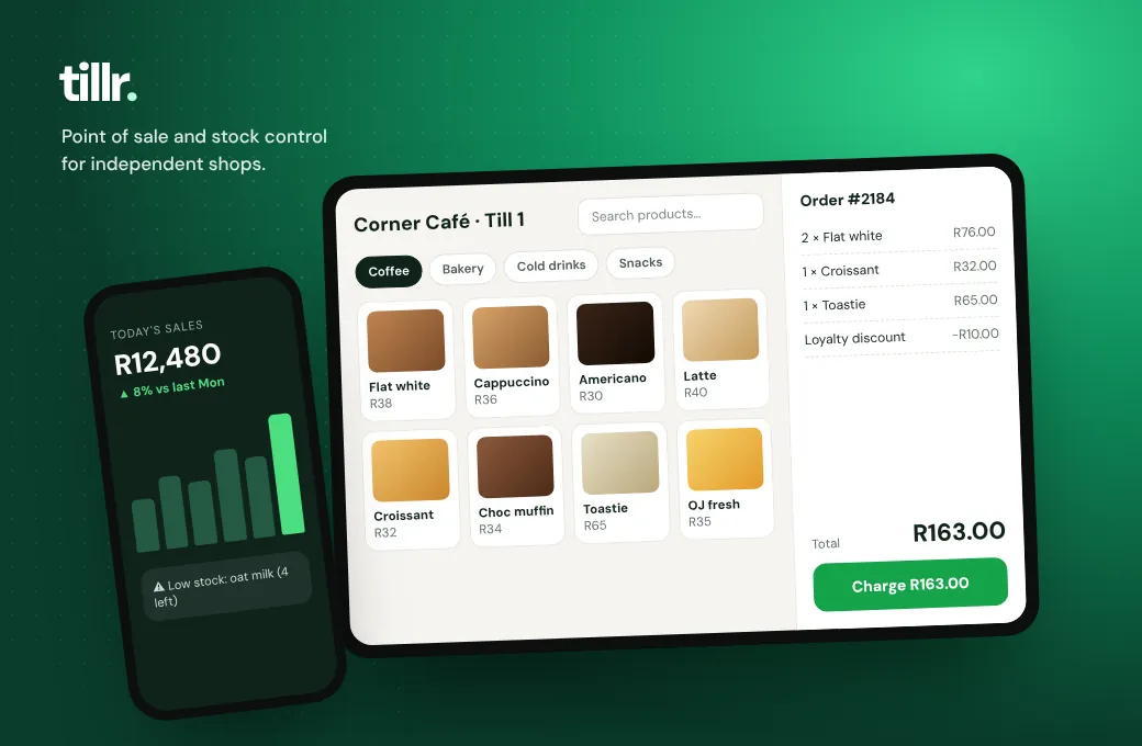 Tillr point of sale on a tablet with a café order, and a phone showing daily sales