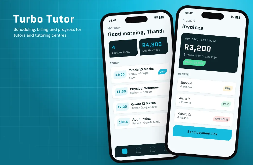 Turbo Tutor app screens showing today's lesson schedule and parent invoices